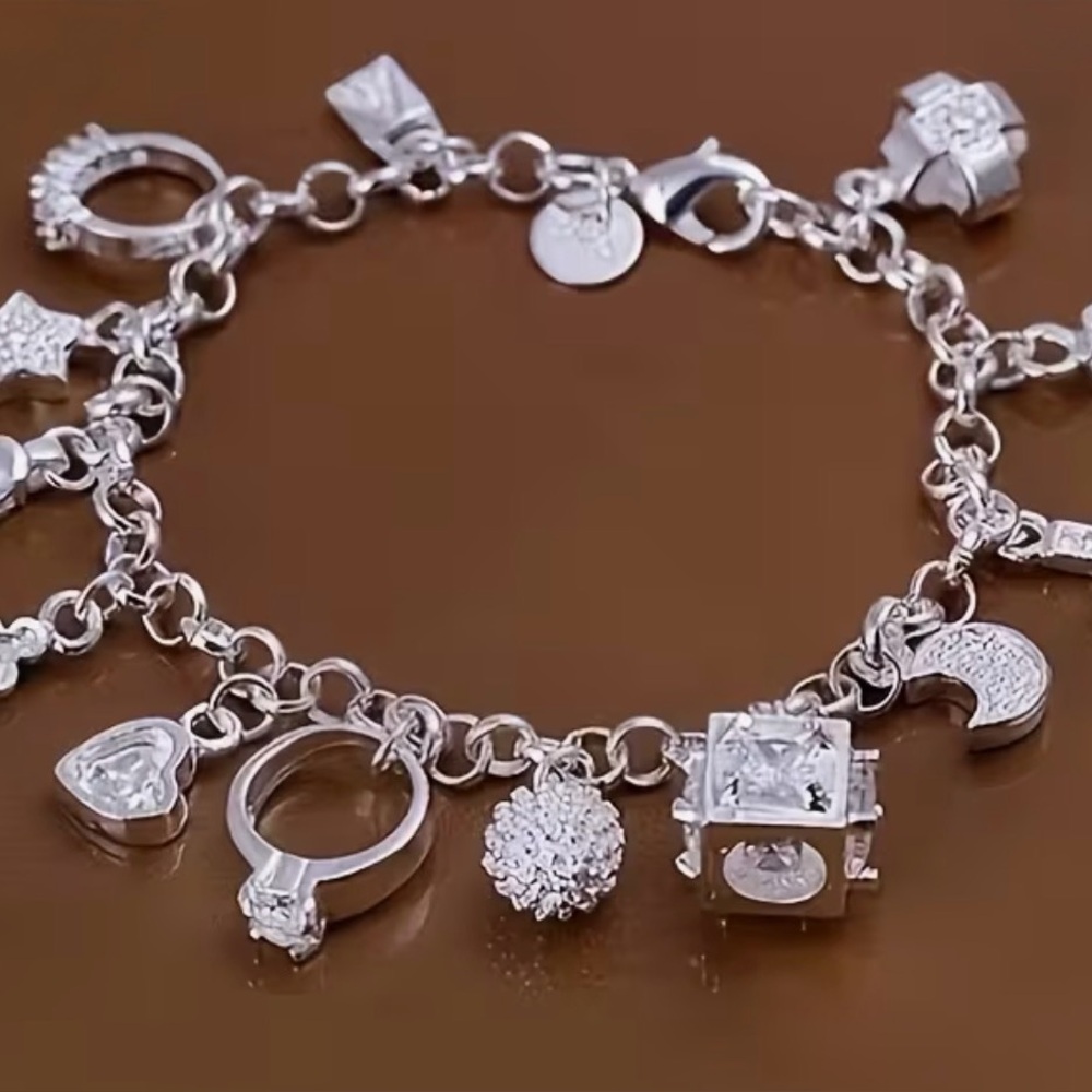 Silver Tone Charm Bracelet with Crystal Accents Vintage Boho Style NEW